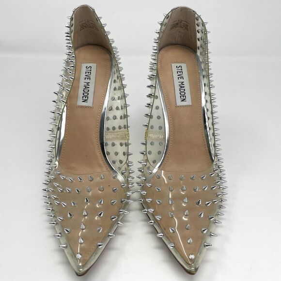 Steve Madden Shoes Wmns 7.5M Clear PVC Silver Vala Spiked Pointed Toe Heels Glam - Picture 6 of 9